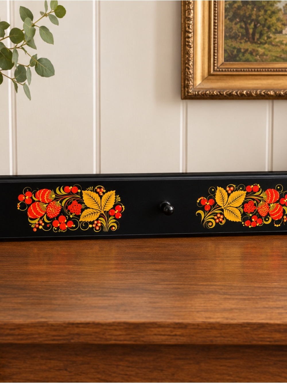 Black Decorative Wall Shelf Panel with Red and Gold Floral Motif